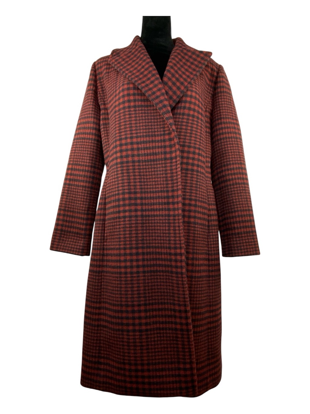 Anne Klein Wool Blend Plaid Long Coat Black & Red Front Pockets Size 8